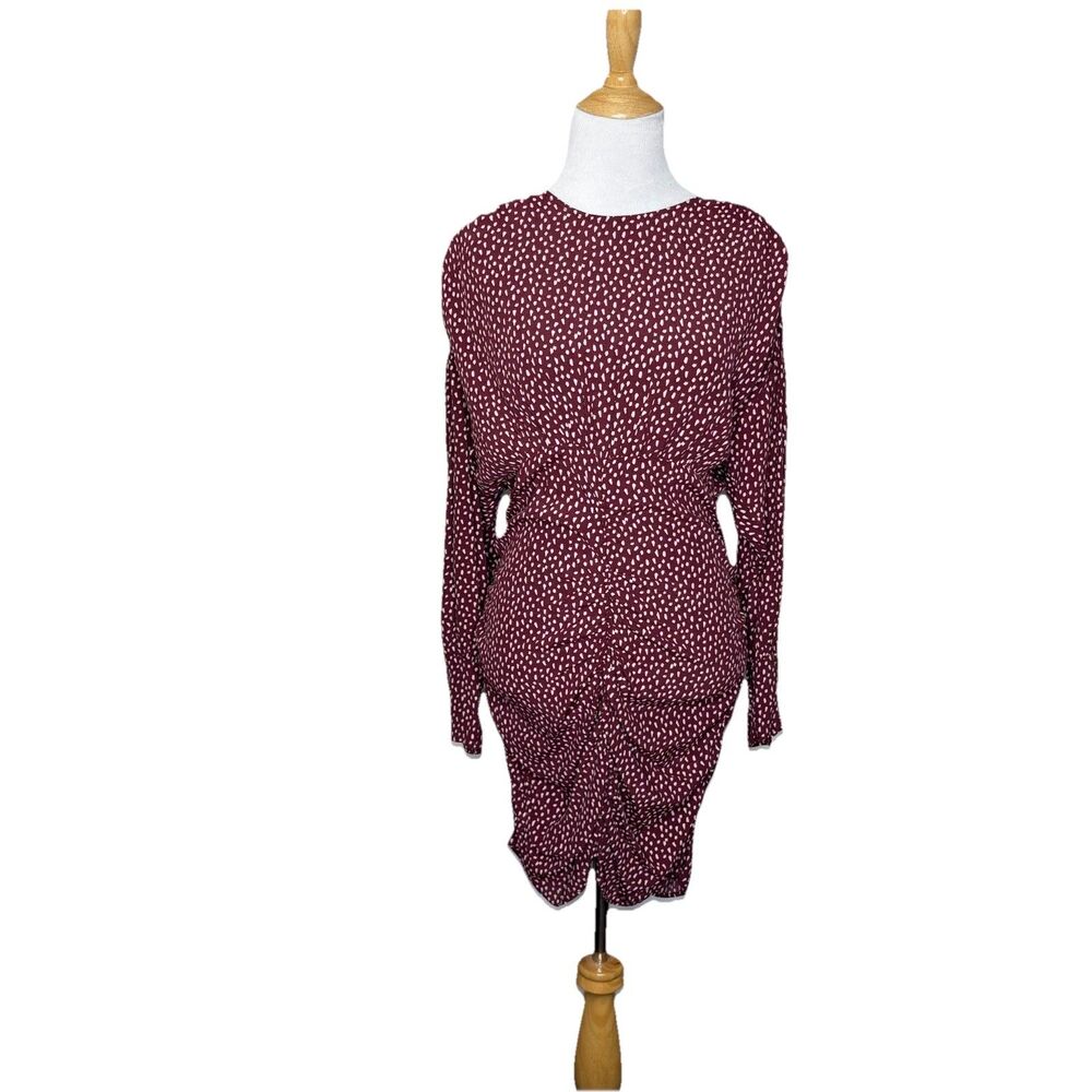 Zara Burgundy  Dotted Polka Dot Midi Long Sleeve Ruched Dress Size Medium